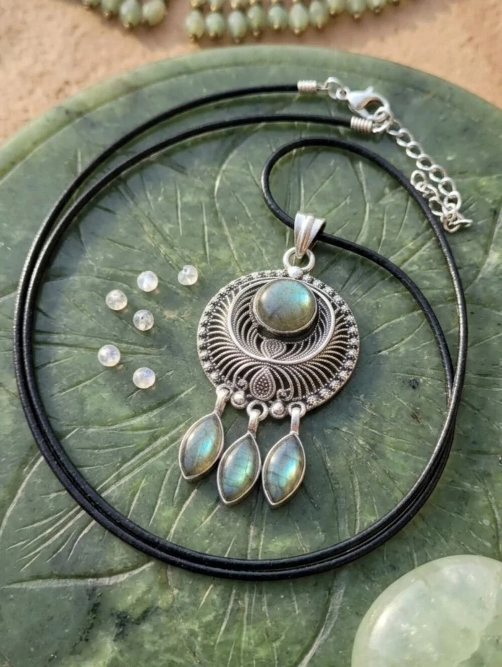 Sterling Silver Labradorite Mandala Dreamcatcher Medallion Pendant Necklace Boho